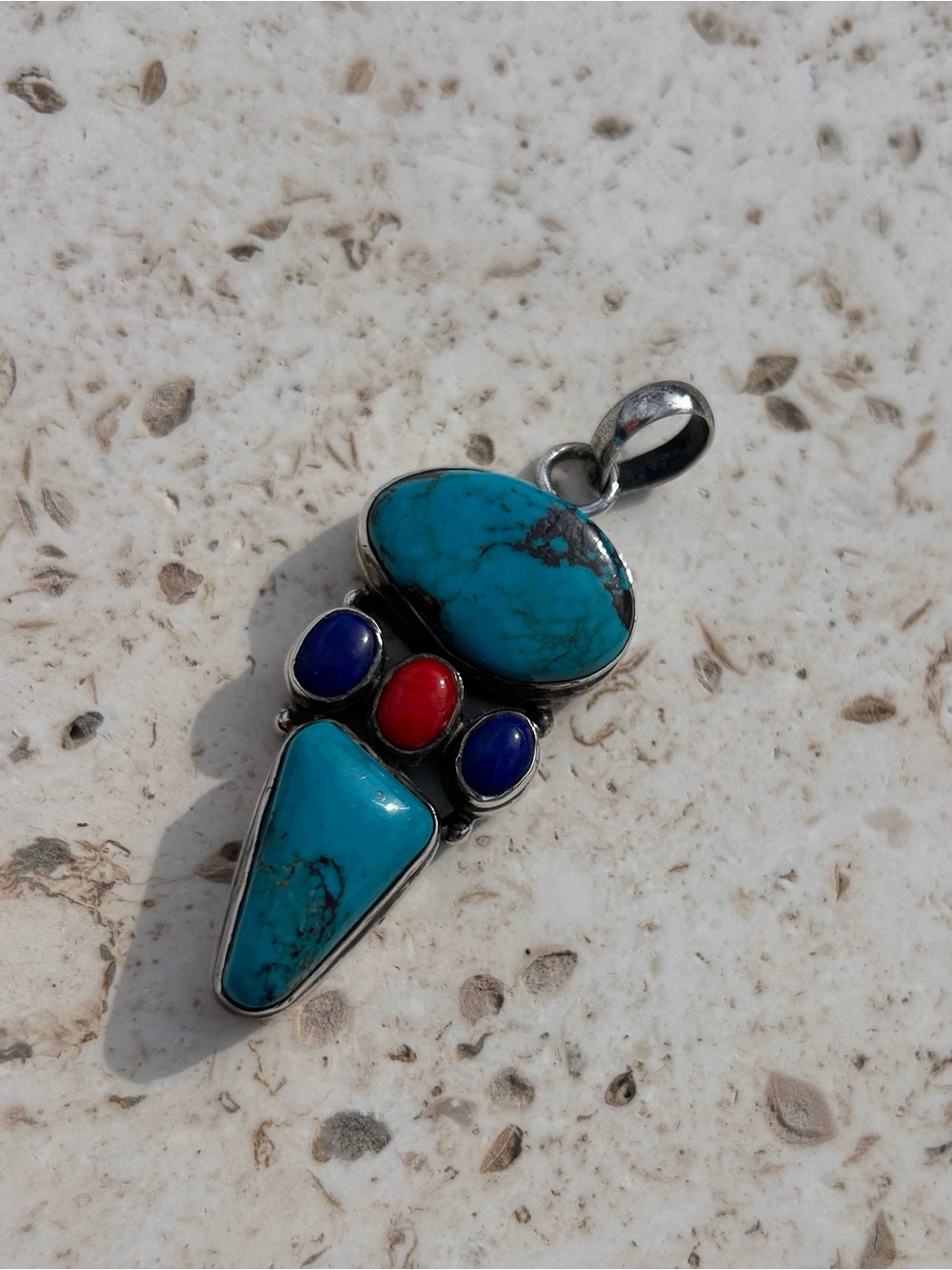 Sterling Silver Turquoise Coral & Lapis Multi-Stone Southwestern Pendant 22.2g